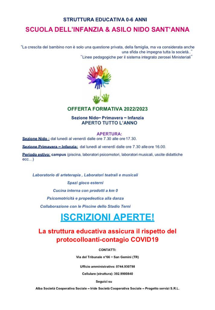 Apertura iscrizioni Scuola dell'infanzia e asilo nido Sant'Anna